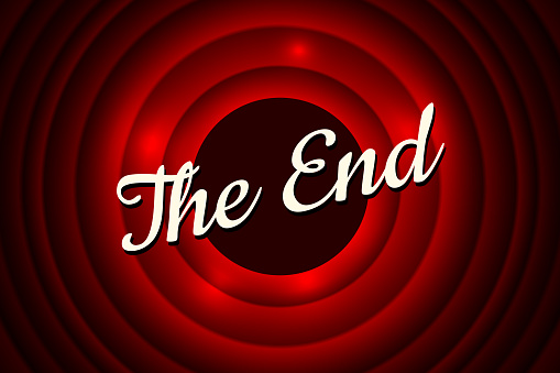 The End handwrite title on red round bacground. Old cinema movie ending screen. Vector illustration EPS10
