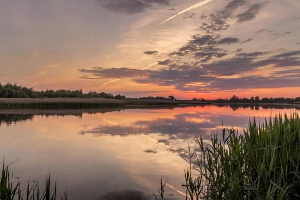 istock Twilight above the pond or lake with cloudy sky at summer with water reflection. 1153679166