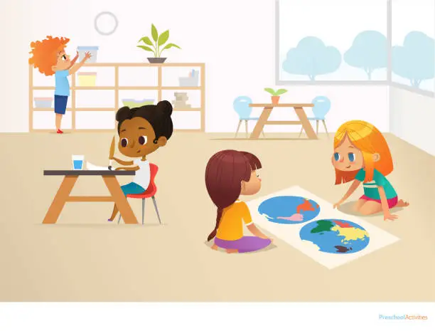 Vector illustration of Multiracial children in classroom. Girls viewing world map and painting picture and boy taking container off shelf. Educational activities concept. Vector illustration for poster, website.