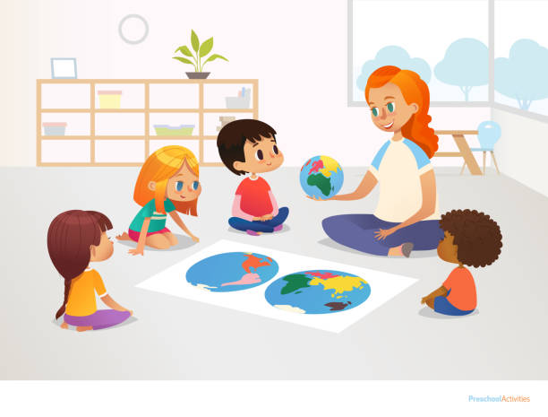 Children sit around world map and redhead female teacher demonstrates them model of planet Earth. Geography lesson at primary school concept. Vector illustration for poster, postcard, advertisement. Children sit around world map and redhead female teacher demonstrates them model of planet Earth. Geography lesson at primary school concept. Vector illustration for poster, postcard, advertisement montessori stock illustrations