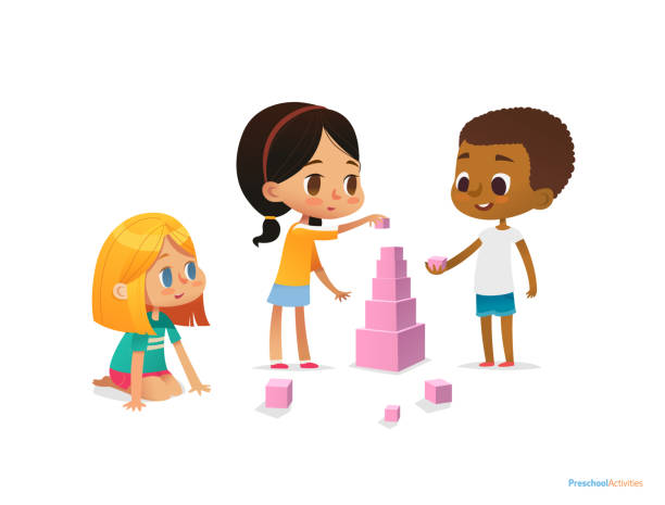 Multiracial children build tower with pink blocks. Kids play using kit with bright colored cubes. materials concept. Vector illustration for poster, banner, website, flyer, advertisement. Multiracial children build tower with pink blocks. Kids play using kit with bright colored cubes. materials concept. Vector illustration for poster, banner, website, flyer, advertisement block cube pyramid built structure stock illustrations