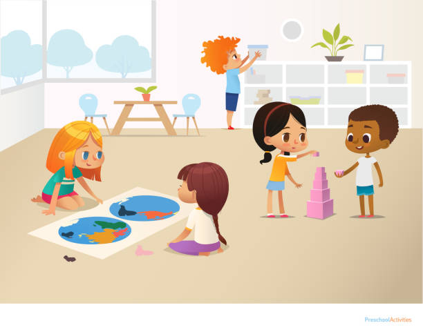 Smiling Kids Doing Different Tasks At Primary School Boys And Girls  Building Pyramid Out Of Pink Blocks And Viewing World Map Montessori  Environment Concept Vector Illustration For Poster Banner Stock  Illustration -