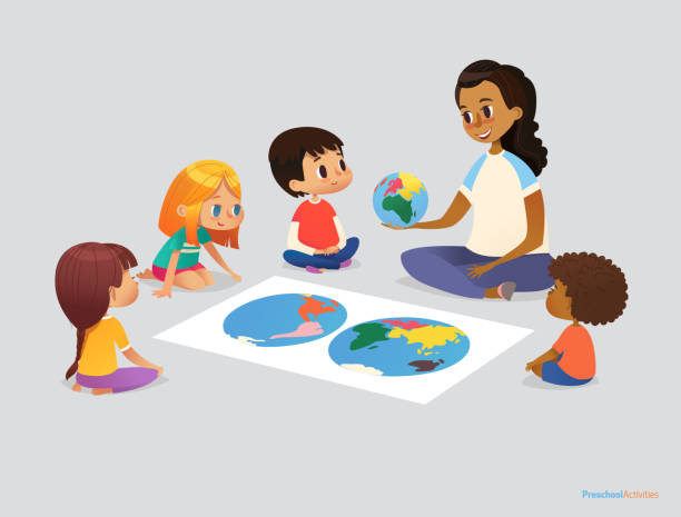 Happy school kids and teacher sit in circle around atlas and discuss geographical questions during lesson. Preschool activities concept. Vector illustration for poster, advertisement, website, banner. Happy school kids and teacher sit in circle around atlas and discuss geographical questions during lesson. Preschool activities concept. Vector illustration for poster, advertisement, website, banner mythological character stock illustrations