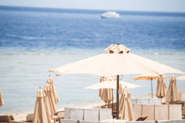 istock Relaxing Beach background with umbrellas and sea 1153680451