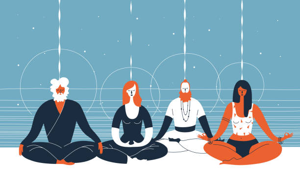 Meditation Group of people sitting in yoga posture and meditating against abstract blue and orange background with horizontal lines and circles. Concept of collective spiritual practice. Vector illustration cross legged illustrations stock illustrations