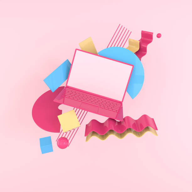 istock Laptop and different geometric objects mockup background in modern minimal style. Notebook 3d render in pastel colors. Technology gadget concept 1153682920