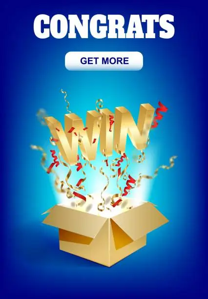 Vector illustration of WIN gold text. Open box with confetti explosion inside and golden win word. Flying particles from giftbox vector illustration.