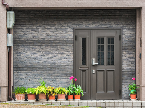 Gray front door with small square decorative windows and tiled concrete wall with flower pots in fron of it