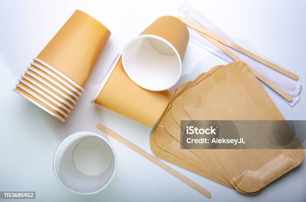 Paper Cup For Coffee Disposable Ecological Coffee Supplies White Table Top View Stock Photo - Download Image Now