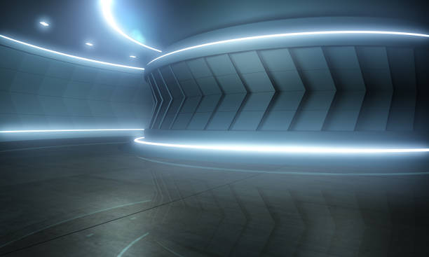 istock Futuristic Modern Sci Fi Dark Empty Spaceship Tunnel With Blue White Glowing Lights Technology Concept 3D Rendering 1153686257