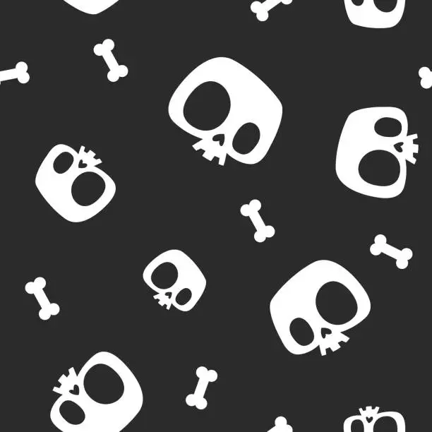 Vector illustration of Pirate seamless pattern with white cute cartoon skeleton skulls and bones against plain black background. Monochrome vector illustration for Halloween party invitation, wrapping paper, textile print.