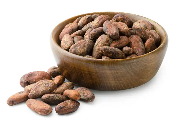 Unpeeled cocoa beans in a brown wooden bowl next to a pile of unpeeled cocoa beans isolated on white.