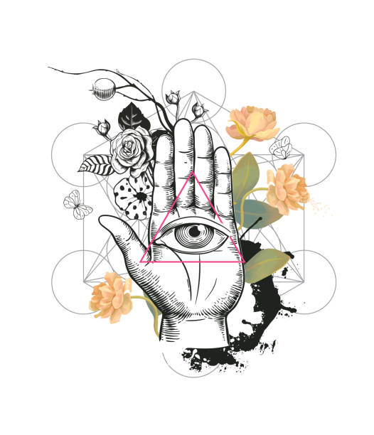 Human eye inside triangle against hand, semi-colored rose flowers and geometric figures on background. Concept of mysterious symbol. Vector illustration in hipster style for t-shirt print, banner. Human eye inside triangle against hand, semi-colored rose flowers and geometric figures on background. Concept of mysterious symbol. Vector illustration in hipster style for t-shirt print, banner masonic symbol stock illustrations