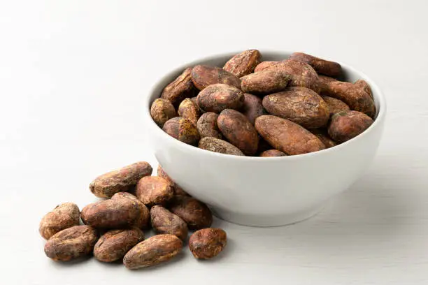 Roasted unpeeled cocoa beans in a white ceramic bowl next to a pile of unpeeled cocoa beans isolated on white painted wood.
