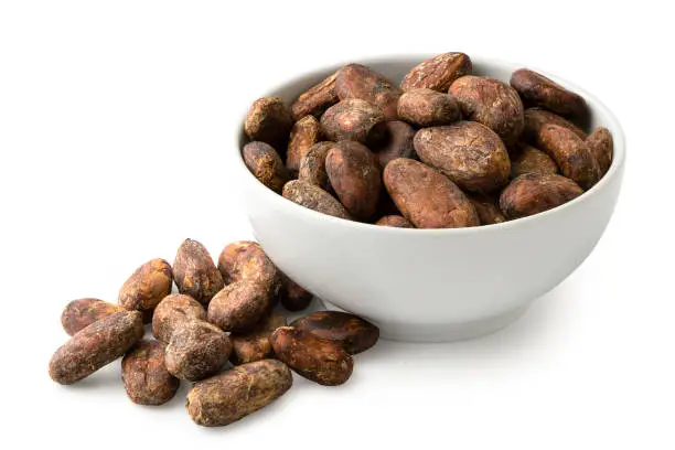 Roasted unpeeled cocoa beans in a white ceramic bowl next to a pile of unpeeled cocoa beans isolated on white.