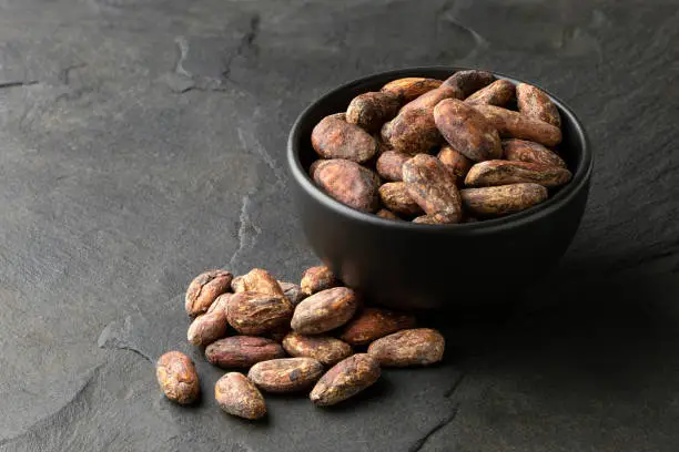 Roasted unpeeled cocoa beans in a black ceramic bowl next to a pile of unpeeled cocoa beans isolated on black slate.
