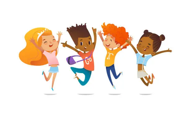 Vector illustration of Happy school multiracial children joyfully jumping and laughing isolated on white background. Concept of happiness, gladness and fun. Vector illustration for banner, poster, website, invitation.