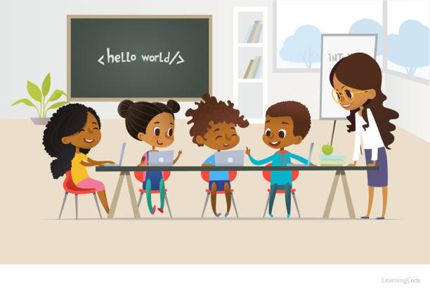 Group of African American kids learn coding, one boy answers question, smiling female teacher listens to him. Concept of informatics lesson at school. Vector illustration for banner, poster, website. Group of African American kids learn coding, one boy answers question, smiling female teacher listens to him. Concept of informatics lesson at school. Vector illustration for banner, poster, website. girls coding stock illustrations