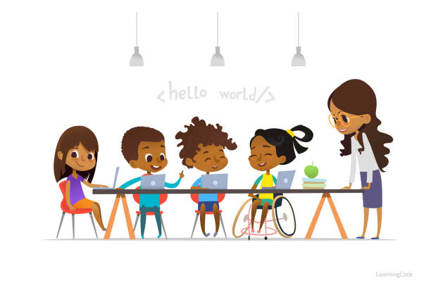 Disabled African American girl in wheelchair and other children sit at laptops and learn programming, friendly female teacher stands near them. Concept of inclusion at school. Vector illustration. Disabled African American girl in wheelchair and other children sit at laptops and learn programming, friendly female teacher stands near them. Concept of inclusion at school. Vector illustration. girls coding stock illustrations