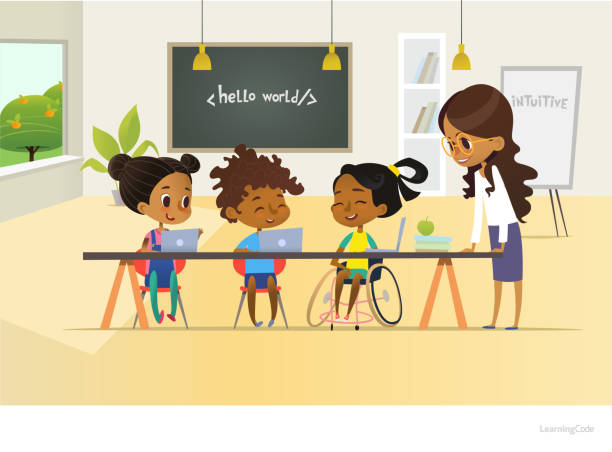 Disabled African American girl and two other children discuss programming during informatics lesson at school, teacher in glasses listens. Concept of teaching kids to code. Vector illustration. Disabled African American girl and two other children discuss programming during informatics lesson at school, teacher in glasses listens. Concept of teaching kids to code. Vector illustration. girls coding stock illustrations