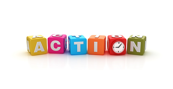 ACTION Buzzword Cubes with Clock - White Background - 3D Rendering