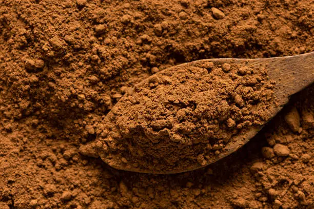 Detail of cocoa powder on a wooden spoon sitting on cocoa powder from above.