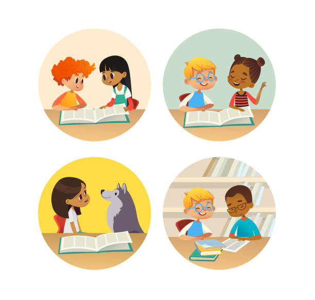 Collection of smiling children reading books and talking to each other at school library. Set of school kids discussing literature in round frames. Cartoon vector illustration for banner, poster. Collection of smiling children reading books and talking to each other at school library. Set of school kids discussing literature in round frames. Cartoon vector illustration for banner, poster learning borders stock illustrations
