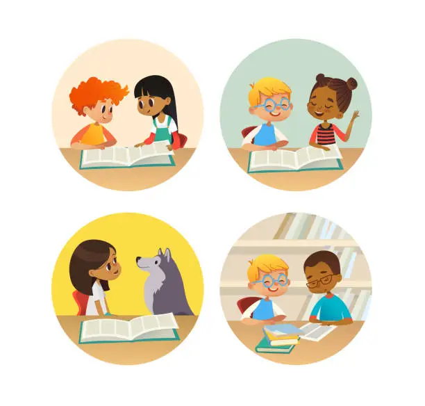Vector illustration of Collection of smiling children reading books and talking to each other at school library. Set of school kids discussing literature in round frames. Cartoon vector illustration for banner, poster.