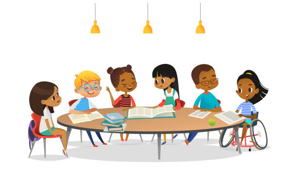 ilustrações de stock, clip art, desenhos animados e ícones de smiling disabled girl in wheelchair and her school friends sitting around round table, reading books and talk to each other. concept of inclusive activity. cartoon vector illustration for banner. - kid