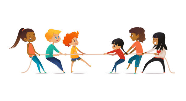Excited Boys And Girls Pulling Rope Tug Of War Competition Between Two  Children Teams Concept Of Sports Activity For Kids Funny Cartoon Characters  Isolated On White Background Vector Illustration Stock Illustration -