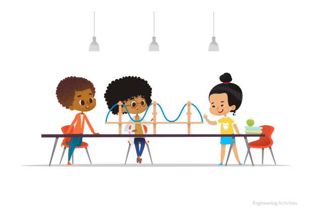 Multiracial Kids Standing And Sitting Around Table With Suspension Bridge  Model On It Concept Of Engineering Activities For Children At School Vector  Illustration For Website Advertisement Poster Stock Illustration - Download  Image