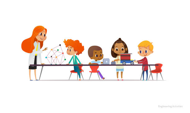Redhead female teacher and school children standing and sitting around table, building and programming robotic car during engineering lesson. Vector illustration for banner, poster, advertisement. Redhead female teacher and school children standing and sitting around table, building and programming robotic car during engineering lesson. Vector illustration for banner, poster, advertisement kids classroomv stock illustrations