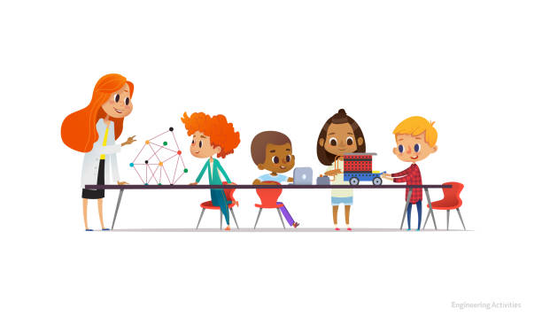 Redhead female teacher and school children standing and sitting around table, building and programming robotic car during engineering lesson. Vector illustration for banner, poster, advertisement. Redhead female teacher and school children standing and sitting around table, building and programming robotic car during engineering lesson. Vector illustration for banner, poster, advertisement child robot class stock illustrations