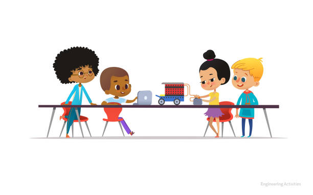 School kids constructing and programming electronic robotic car. Multiracial children sitting at desk and building electronic toy during engineering lesson. Vector illustration for banner, poster. School kids constructing and programming electronic robotic car. Multiracial children sitting at desk and building electronic toy during engineering lesson. Vector illustration for banner, poster child robot class stock illustrations