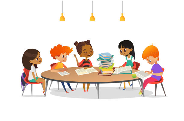 Multiracial children sitting around round table with pile of books on it and listening to girl reading aloud. School literature club. Cute cartoon characters. Vector illustration for banner, poster. Multiracial children sitting around round table with pile of books on it and listening to girl reading aloud. School literature club. Cute cartoon characters. Vector illustration for banner, poster kids classroomv stock illustrations