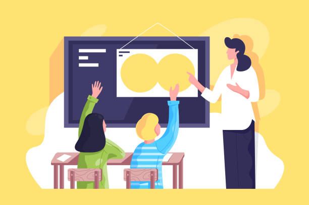 Flat classroom with young woman teacher and schoolchildren hand up. Flat classroom with young woman teacher and schoolchildren hand up. Concept businesswoman and students characters at work, school relationship. Vector illustration. teacher illustrations stock illustrations