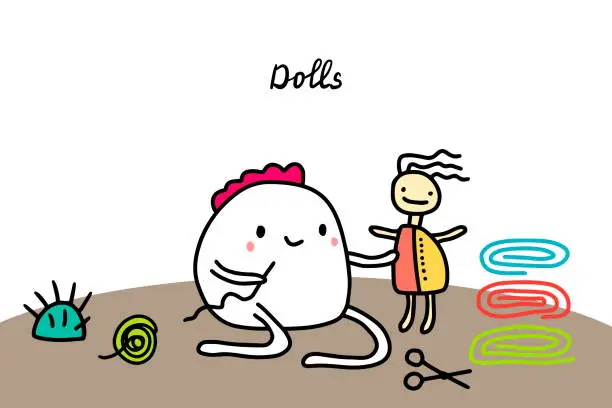 Vector illustration of Dolls hand drawn vector illustration in cartoon style. Making toys