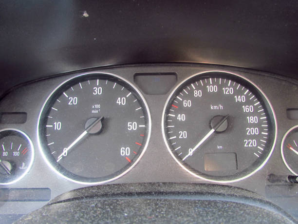 istock Car dashboard speedometer close up black interior 1153691152
