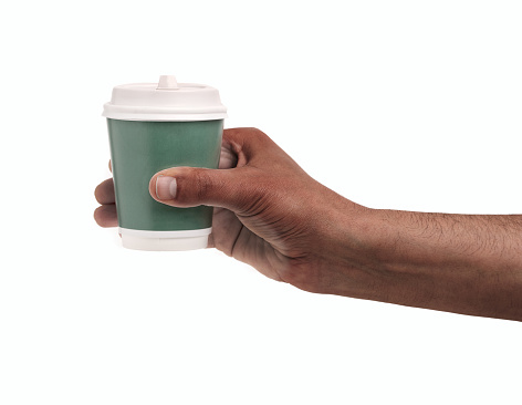 Closeup view of man holding paper cup isolated on white