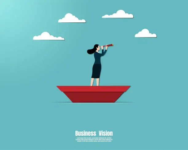 Vector illustration of Businesswoman on a paper ship in sea