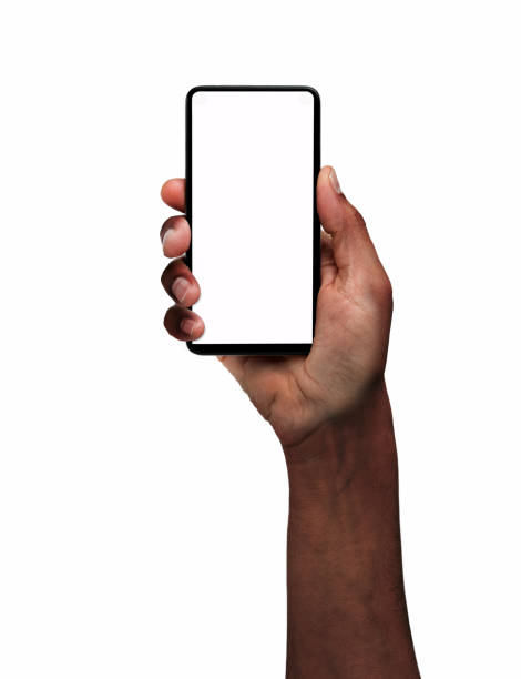 with the phone connected Man hand presenting a smart phone screen application isolated on a white background hand holding phone stock pictures, royalty-free photos & images