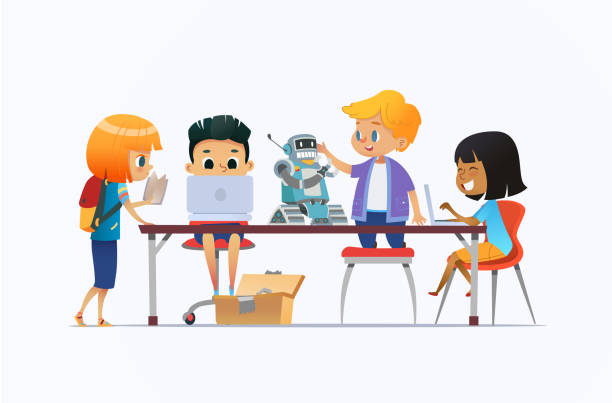 Boys and girls standing and sitting around desk with laptops and robot and working on school project for programming lesson. Concept of coding and robotics for kids. Flat cartoon  illustration. Boys and girls standing and sitting around desk with laptops and robot and working on school project for programming lesson. Concept of coding and robotics for kids. Flat cartoon  illustration girls coding stock illustrations