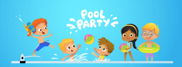 プールパーティー招待状テンプレート baner。多民族の子供はプールで楽しめます。プールでジャンプおもちゃの水銃を持つ赤毛の少年。水中でボールを持って遊んでいる子供たち - swimming pool party summer beach ball点のイラスト素材／クリップアート素材／マンガ素材／アイコン素材