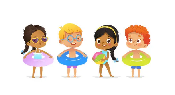 Vector illustration of Pool party characters. Multiracial boys and girls wearing swimming suits and rings have fun in pool. African-American Girl standing with ball. Cartoon characters.  isolated.