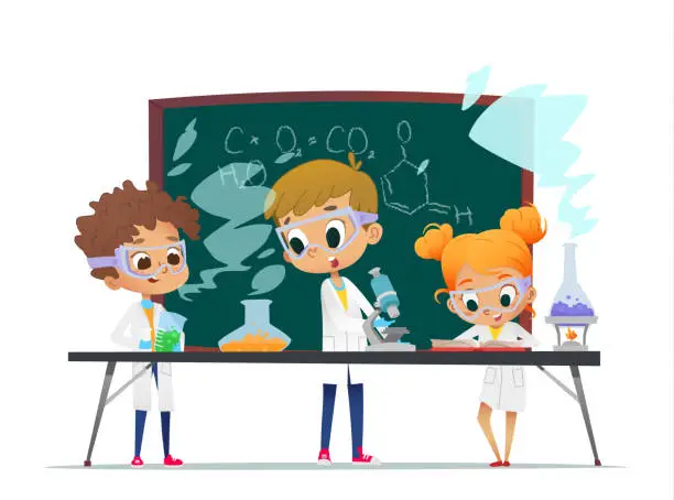 Vector illustration of Funny little girl doing and two boys experiments in the laboratory. Explosion in the laboratory. Science and education for kids. Chemistry laboratory with pupils.  illustration