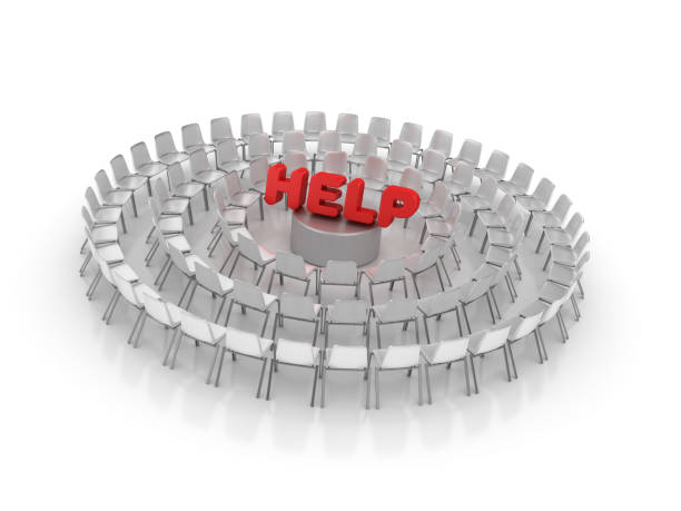 istock Circle of Chairs with HELP Word - 3D Rendering 1153692402