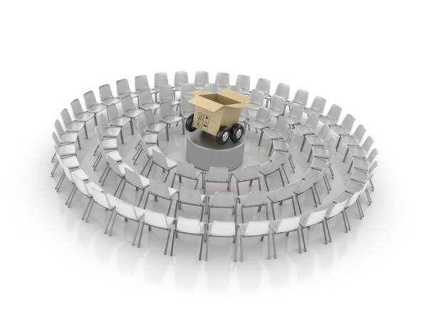 istock Circle of Chairs with Cardboard Box on Wheels - 3D Rendering 1153692441