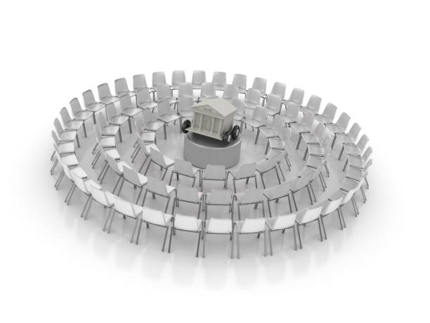 istock Circle of Chairs with Bank Building on Wheels - 3D Rendering 1153692507
