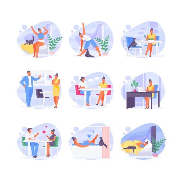 Daily routine woman Woman character daily routine from morning to evening. Vector illustration resting stock illustrations