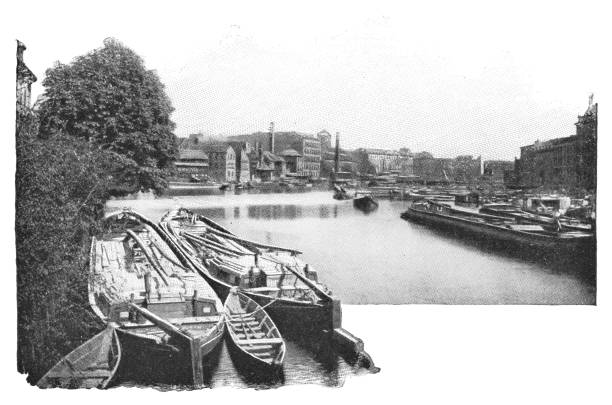 ilustrações de stock, clip art, desenhos animados e ícones de boats moored along the spree river in berlin, germany - imperial germany 19th century - deutsches reich